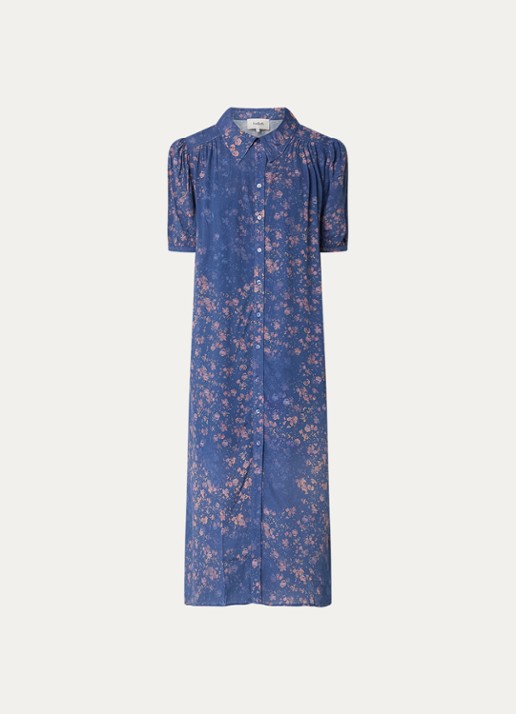 ba&sh Norma midi blousejurk met print en ballonmouw - voorkant donkerblauw