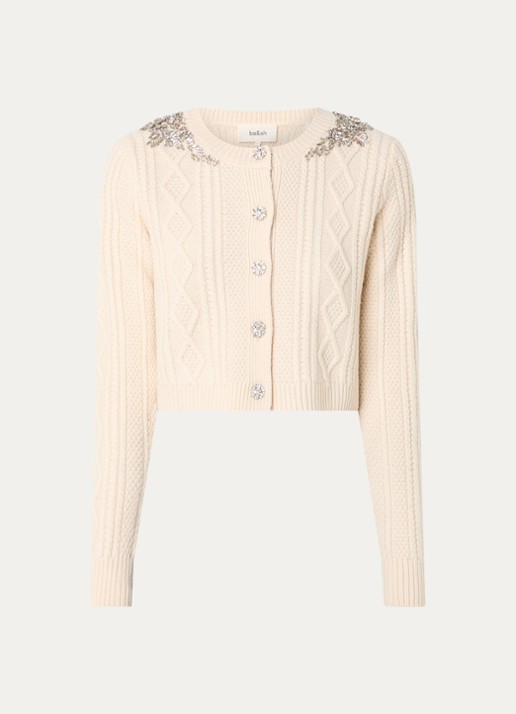 ba&sh Oillo grofgebreid cropped vest van wol met strass - voorkant gebroken wit