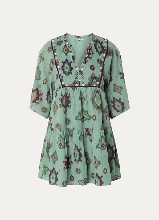 ba&sh Olalie mini jurk met grafische print - voorkant groen