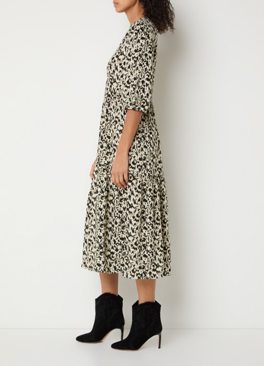 ba&sh Palma midi blousejurk met panterprint - voorkant 3 gebroken wit