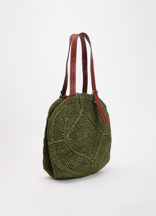 ba&sh Palma schoudertas van raffia met details van leer - achterkant 2 groen