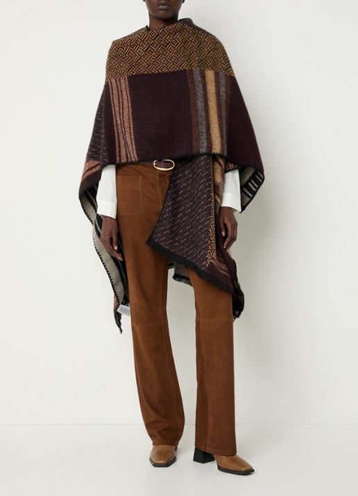 ba&sh Panama poncho in wolblend met grafische print - detail 2 donkerbruin