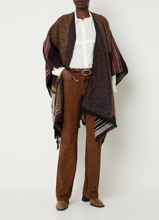 ba&sh Panama poncho in wolblend met grafische print - voorkant 4 donkerbruin