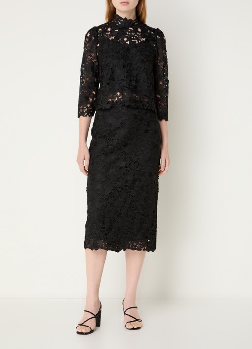 ba&sh Payton midi rok met bloemborduring - voorkant 3 zwart