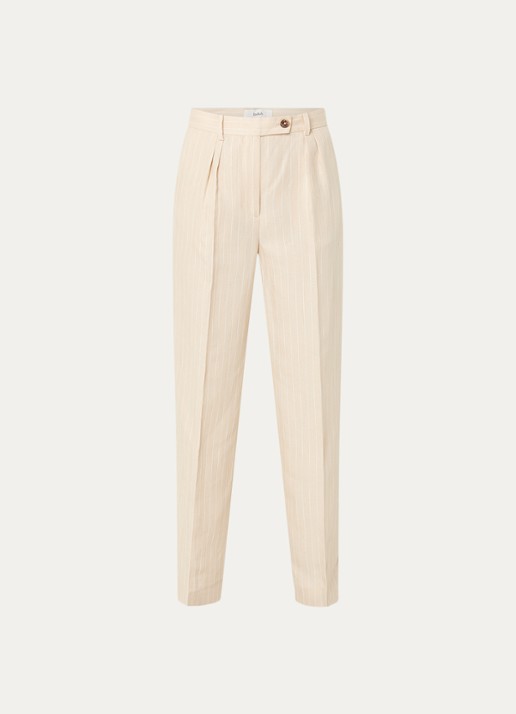 ba&sh Peanut high waist straight fit pantalon in linnenblend met streepprint - voorkant beige