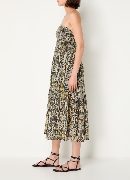 ba&sh Piala off shoulder midi jurk met bladprint en smockwerk - voorkant 2 mosgroen