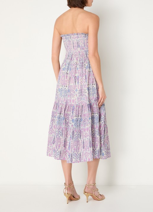 ba&sh Piala off shoulder midi jurk met bladprint en smockwerk - achterkant roze