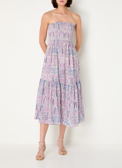 ba&sh Piala off shoulder midi jurk met bladprint en smockwerk - detail 2 roze