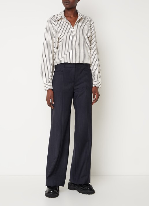 ba&sh Pistachio high waist wide fit pantalon in wolblend met krijtstreep - voorkant 2 donkerblauw