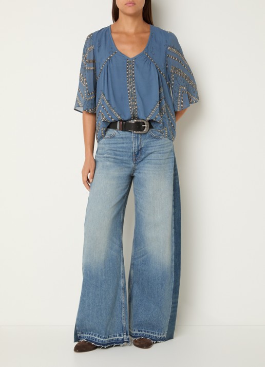 ba&sh Placido blouse met v-hals  - voorkant 4 blauw