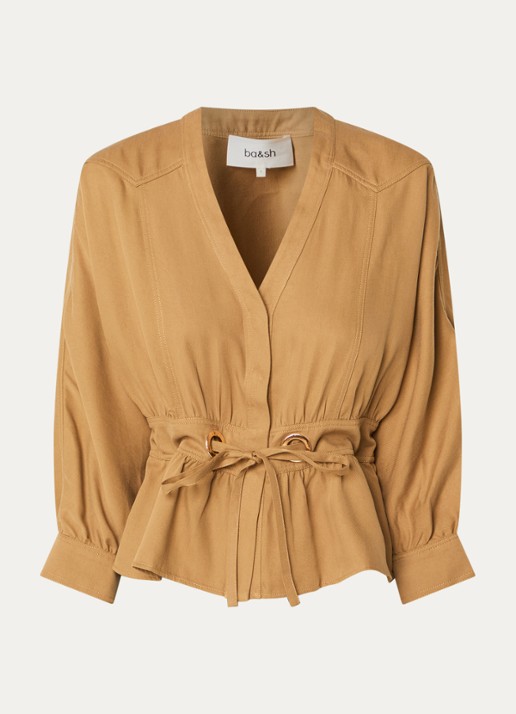 ba&sh Precilia blouse met strikceintuur - voorkant camel