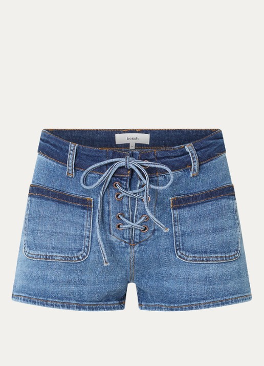 ba&sh Rio low waist straight fit korte broek van denim met opgestikte zakken  - voorkant 3 indigo