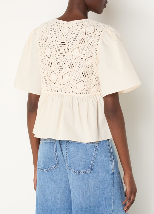 ba&sh Salvi tuniek met crochet en vlindermouw - achterkant 4 gebroken wit