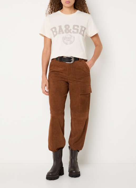 ba&sh Sita straight fit broek van suède met steekzakken - voorkant 2 cognac