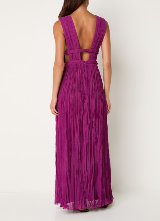 ba&sh Tania maxi jurk met plissé en V-hals - achterkant 3 fuchsia