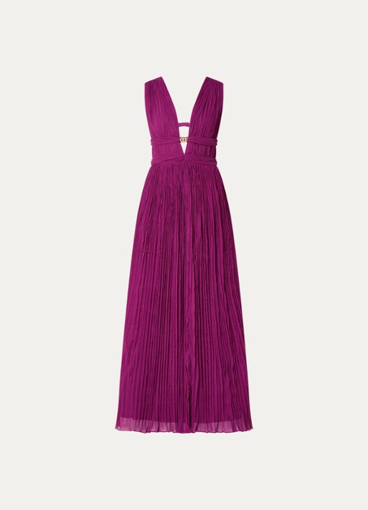 ba&sh Tania maxi jurk met plissé en V-hals - voorkant fuchsia