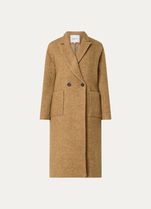 ba&sh Tao double-breasted mantel in scheerwolblend met opgestikte zakken - voorkant camel