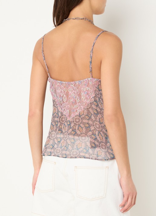 ba&sh Tizy semi-transparante top met print en details van kant - achterkant oudroze