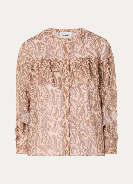 ba&sh Tunella blouse met paisley dessin en volant - voorkant donkerbeige