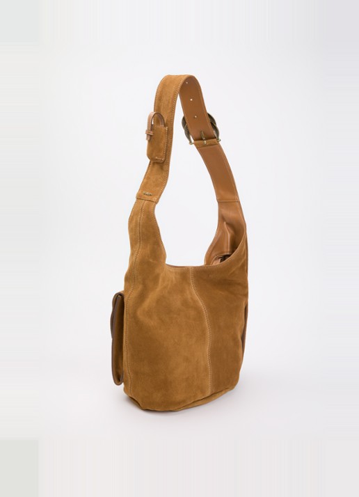 ba&sh YouYou crossbodytas van kalfssuède met verstelbare schouderriem - achterkant camel