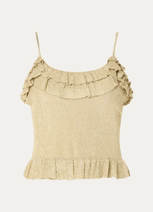 ba&sh Zaria spaghettitop met lurex en volant - voorkant 2 goud