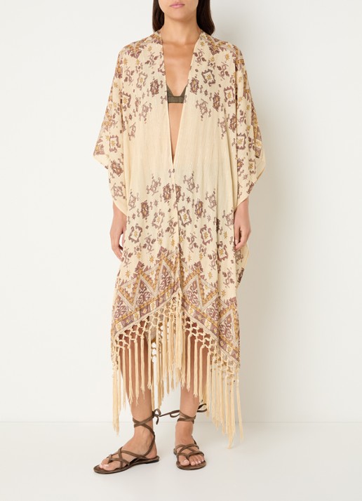 ba&sh Zelma poncho met grafische print en lurex  - detail 3 lichtgeel