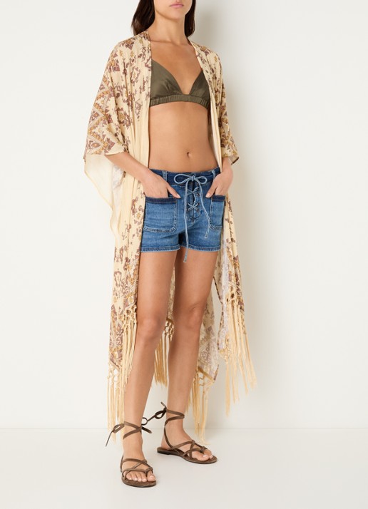 ba&sh Zelma poncho met grafische print en lurex  - voorkant 2 lichtgeel