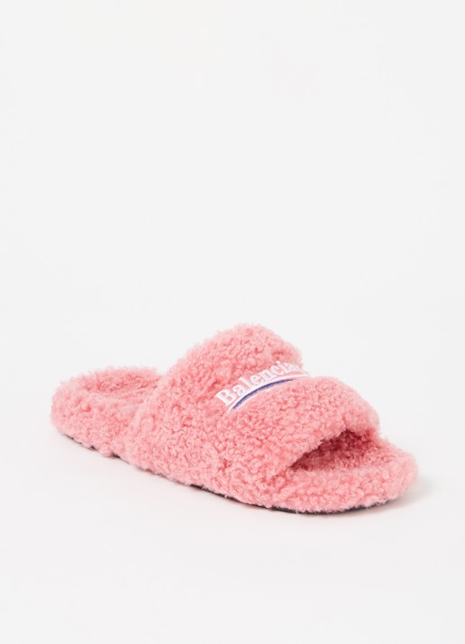 Balenciaga Furry slipper van teddy met logo - voorkant roze