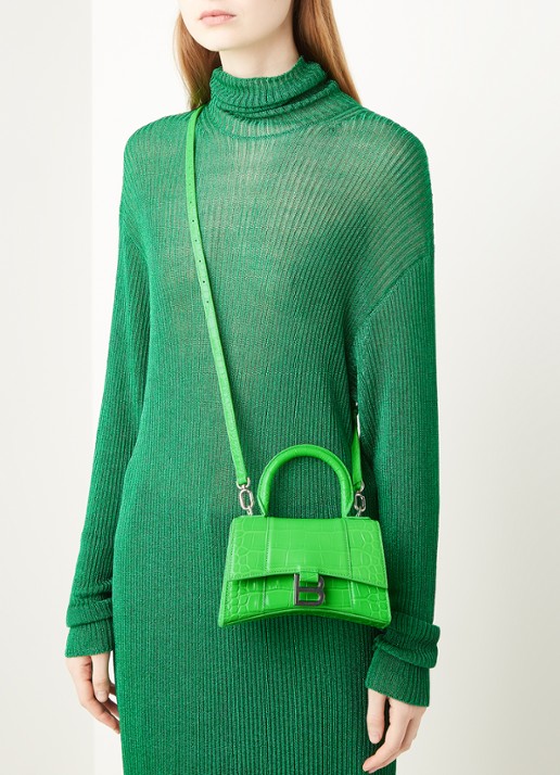 Balenciaga Hourglass XS handtas van kalfsleer met crocostructuur - voorkant 2 felgroen
