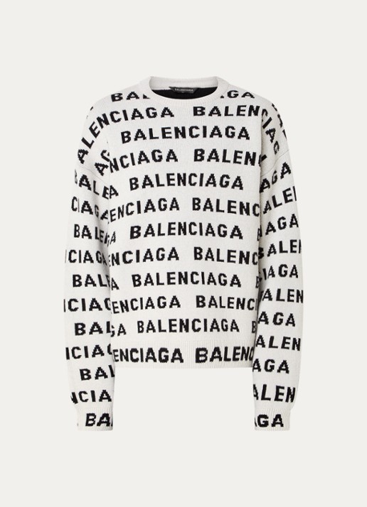 Balenciaga Oversized fijngebreide trui van wol met logoprint - voorkant gebroken wit