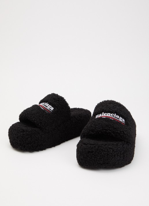 Balenciaga Slipper van teddy met logoborduring - detail 2 zwart