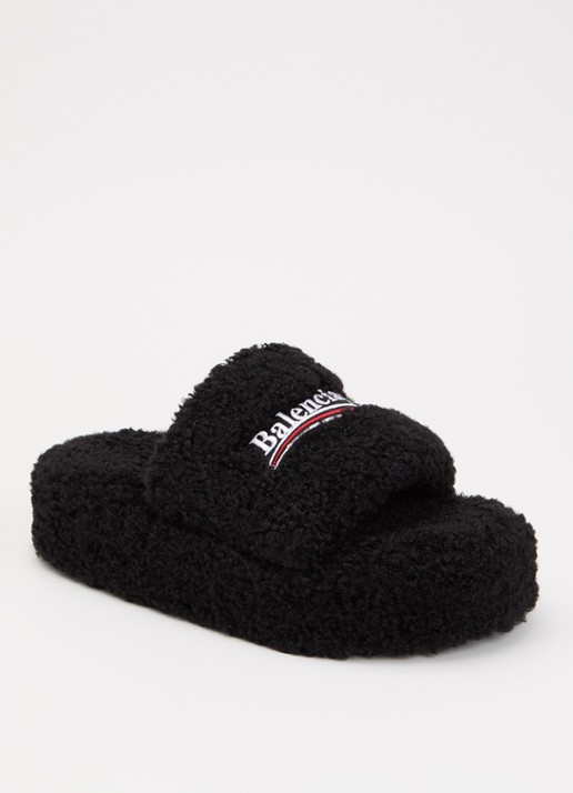 Balenciaga Slipper van teddy met logoborduring - voorkant zwart