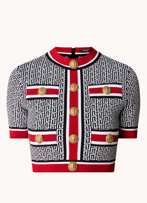 Balmain Cropped top met logoprint en sierknopen - voorkant zwart
