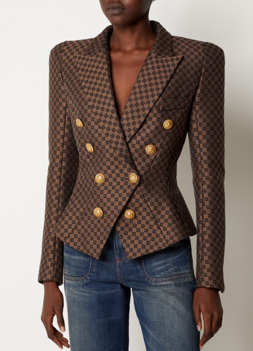 Balmain Double-breasted blazer met schoudervulling en logo jacquard dessin  - detail 4 bruin