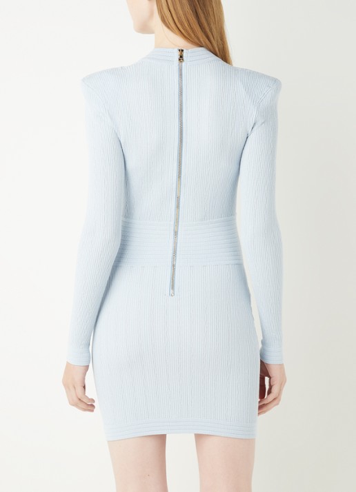 Balmain Mini jurk met ribstructuur en sierknopen - achterkant 2 lichtblauw