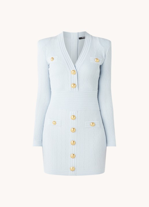 Balmain Mini jurk met ribstructuur en sierknopen - voorkant 3 lichtblauw