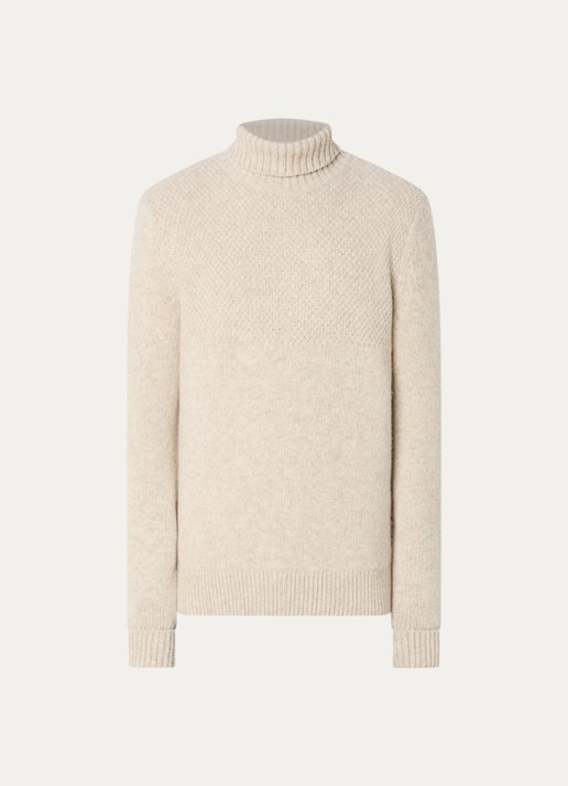 Barbour Northcliffe grofgebreide coltrui van wol - voorkant 3 beige