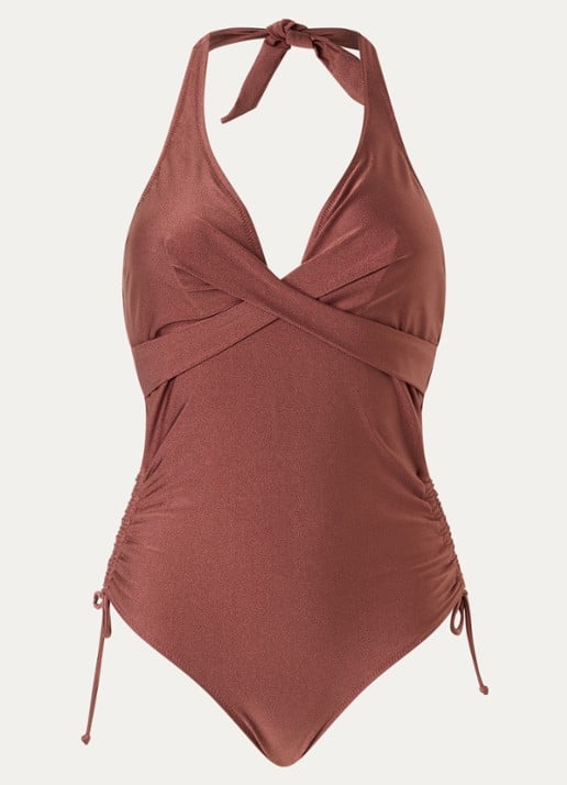 Barts Isla Halter badpak met rugdecolleté  - voorkant kastanjebruin