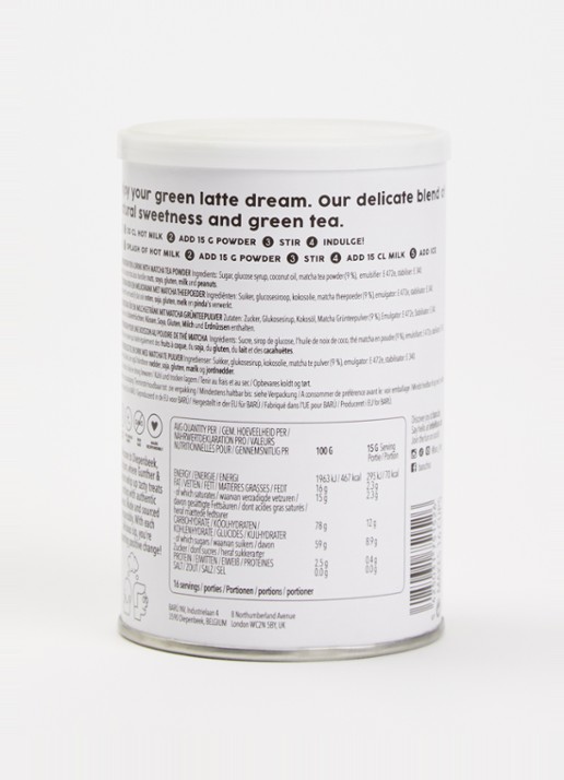 Barú Matcha Latte losse thee 250 gram - achterkant 2 lichtgroen