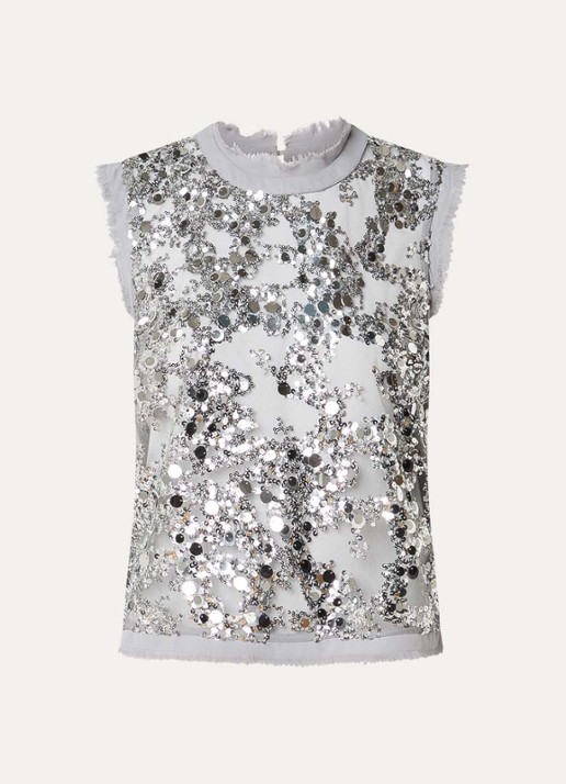 Baum und Pferdgarten Manira semi-transparante top van mesh met strass en gerafeld detail - voorkant 3 grijs