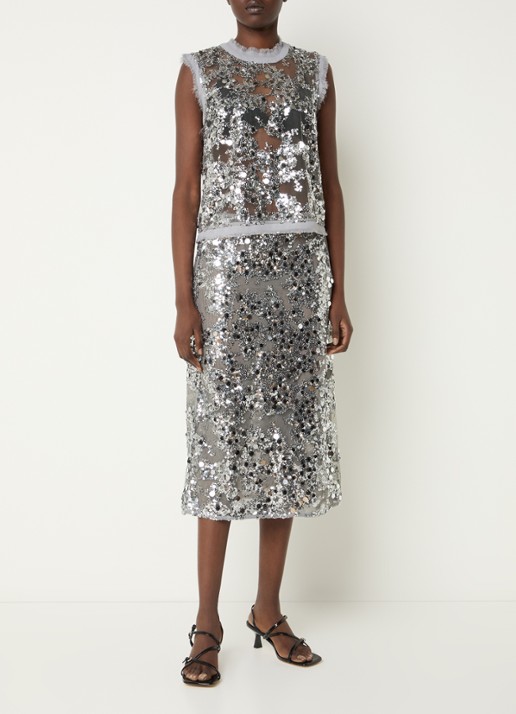 Baum und Pferdgarten Manira semi-transparante top van mesh met strass en gerafeld detail - voorkant 4 grijs