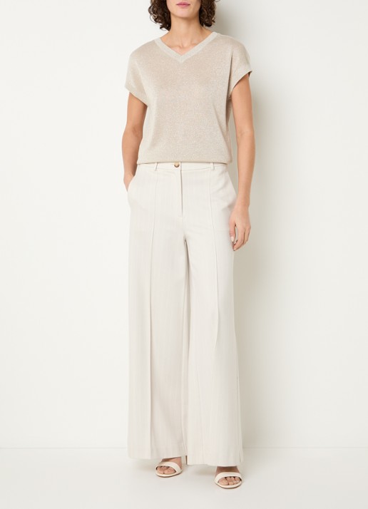 Beaumont Ayle high waist wide fit pantalon met streepprint en steekzakken - voorkant 3 creme