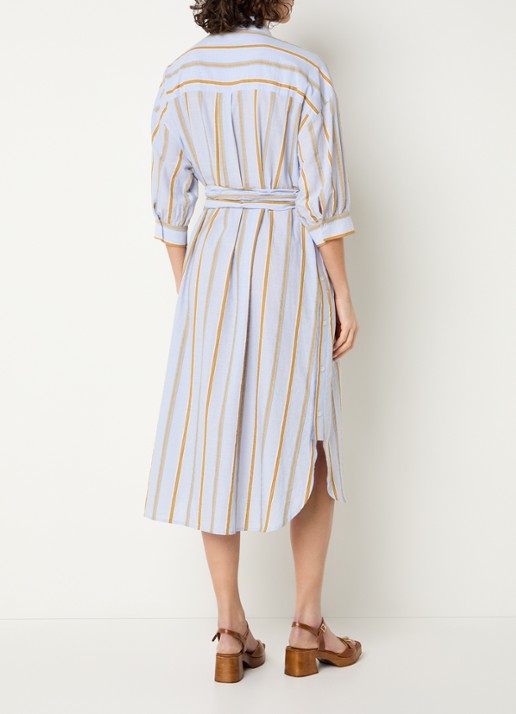 Beaumont India midi blousejurk met streepprint en strikceintuur - achterkant 3 blauwgrijs