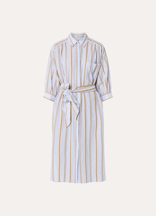 Beaumont India midi blousejurk met streepprint en strikceintuur - voorkant blauwgrijs