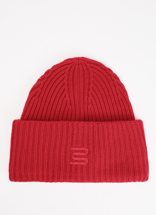 Bellerose Deice ribgebreide muts van merino wol met borduring - voorkant rood