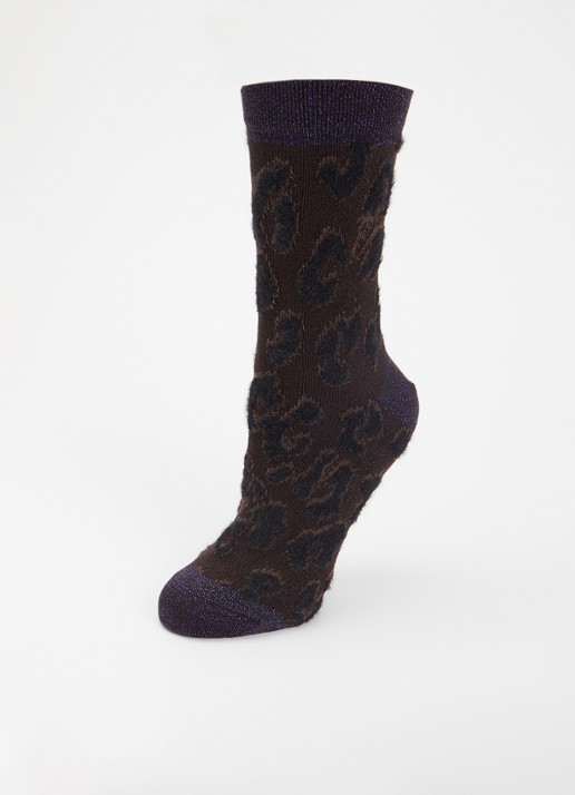 Bellerose Sokken in wolblend met lurex en panterprint  - detail 3 donkerbruin