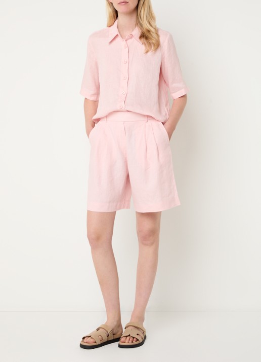 Benetton Bermuda high waist loose fit korte broek van linnen - voorkant 4 lichtroze