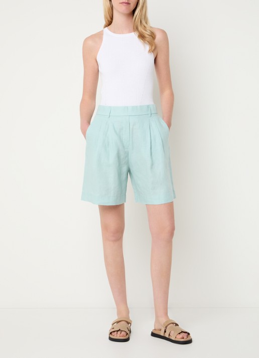 Benetton Bermuda high waist loose fit korte broek van linnen - voorkant 3 lindegroen
