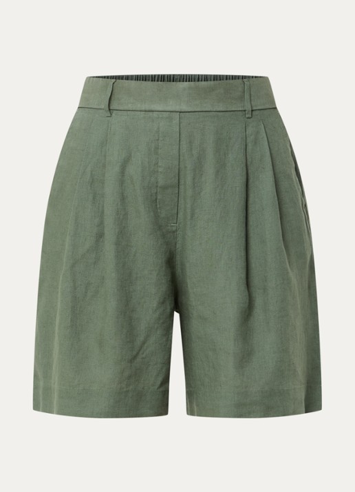 Benetton Bermuda high waist loose fit korte broek van linnen - voorkant groen