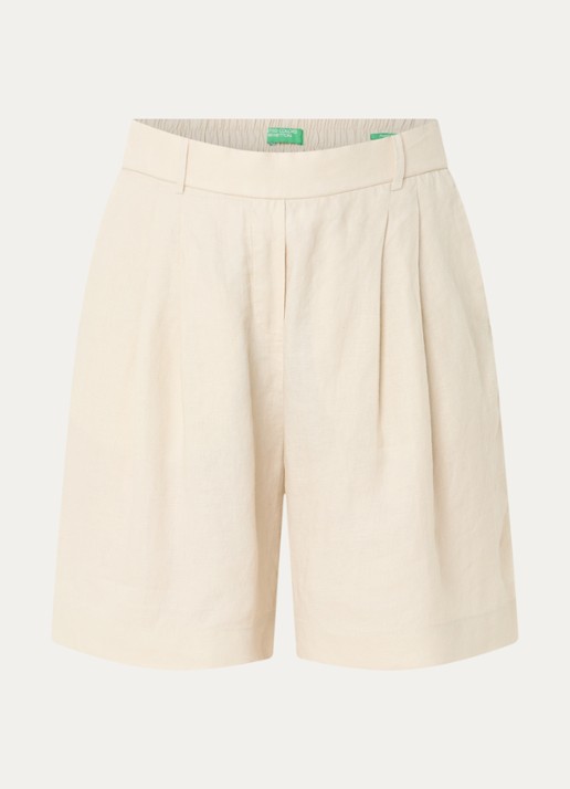 Benetton Bermuda high waist loose fit korte broek van linnen - voorkant zand